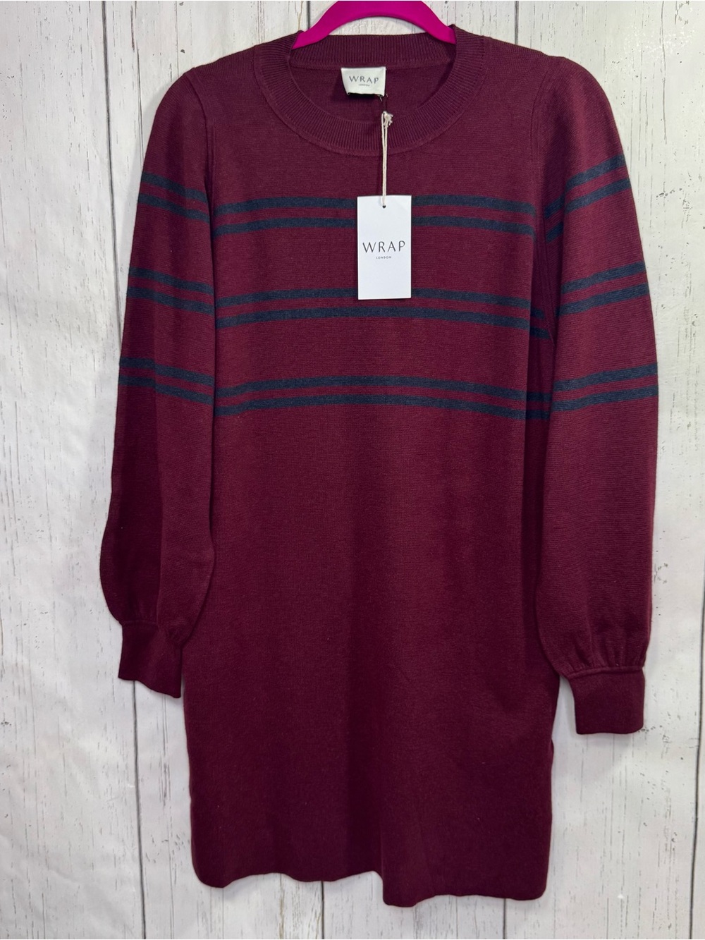Wrap London Burgundy US 4 Organic Cotton Sweater Dress Striped Preppy Coastal